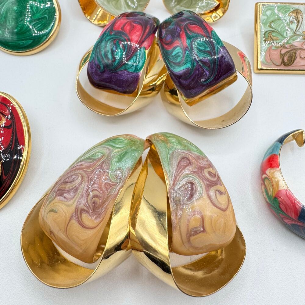 Vintage Swirled Enamel Metal Pierced Stud Earring Lot Costume Jewelry 10 Pair - Picture 5 of 8